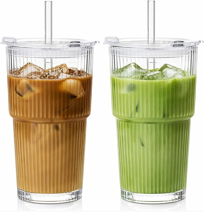 20oz Ribbed Glass Tumbler, Iced Coffee Cups with Lids and Straws, Resuable Thickened Drinking Gla... | Amazon (US)