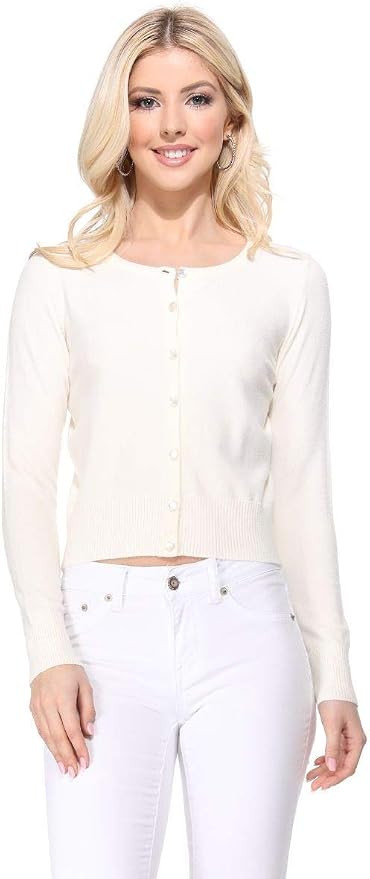YEMAK Women's Cropped Cardigan Sweater – Long Sleeve Crewneck Basic Classic Casual Button Down ... | Amazon (US)