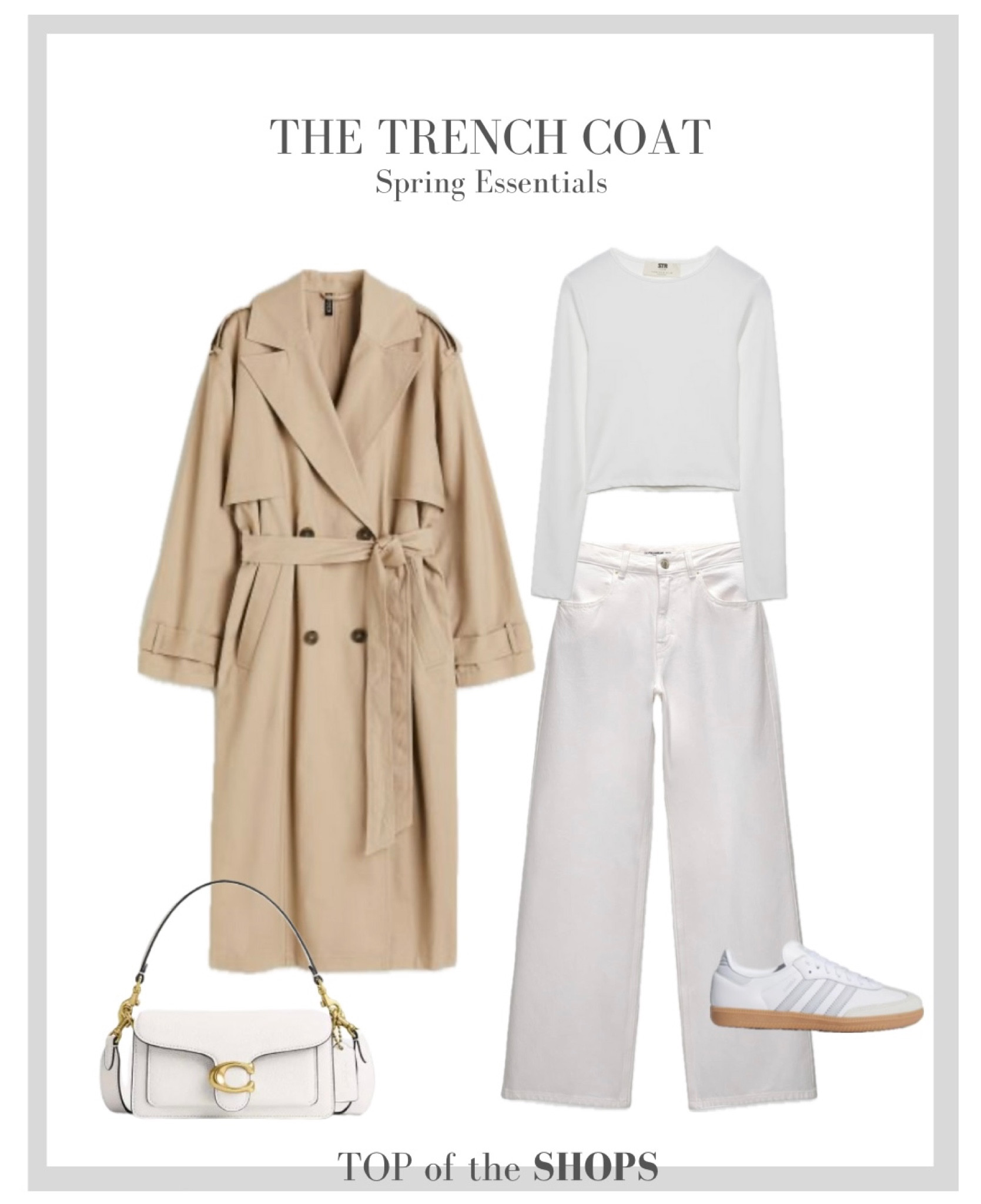 Spring Style, Spring Outfit Inspiration, Trench Coat, High Street Trench Coats, H&M, & Other Stories, Mango, Wardrobe Staple, Capsule Wardrobe, white wide leg jeans, Adidas Sambas, Coach bag, White long sleeved top 

#LTKSeasonal #LTKstyletip #LTKeurope