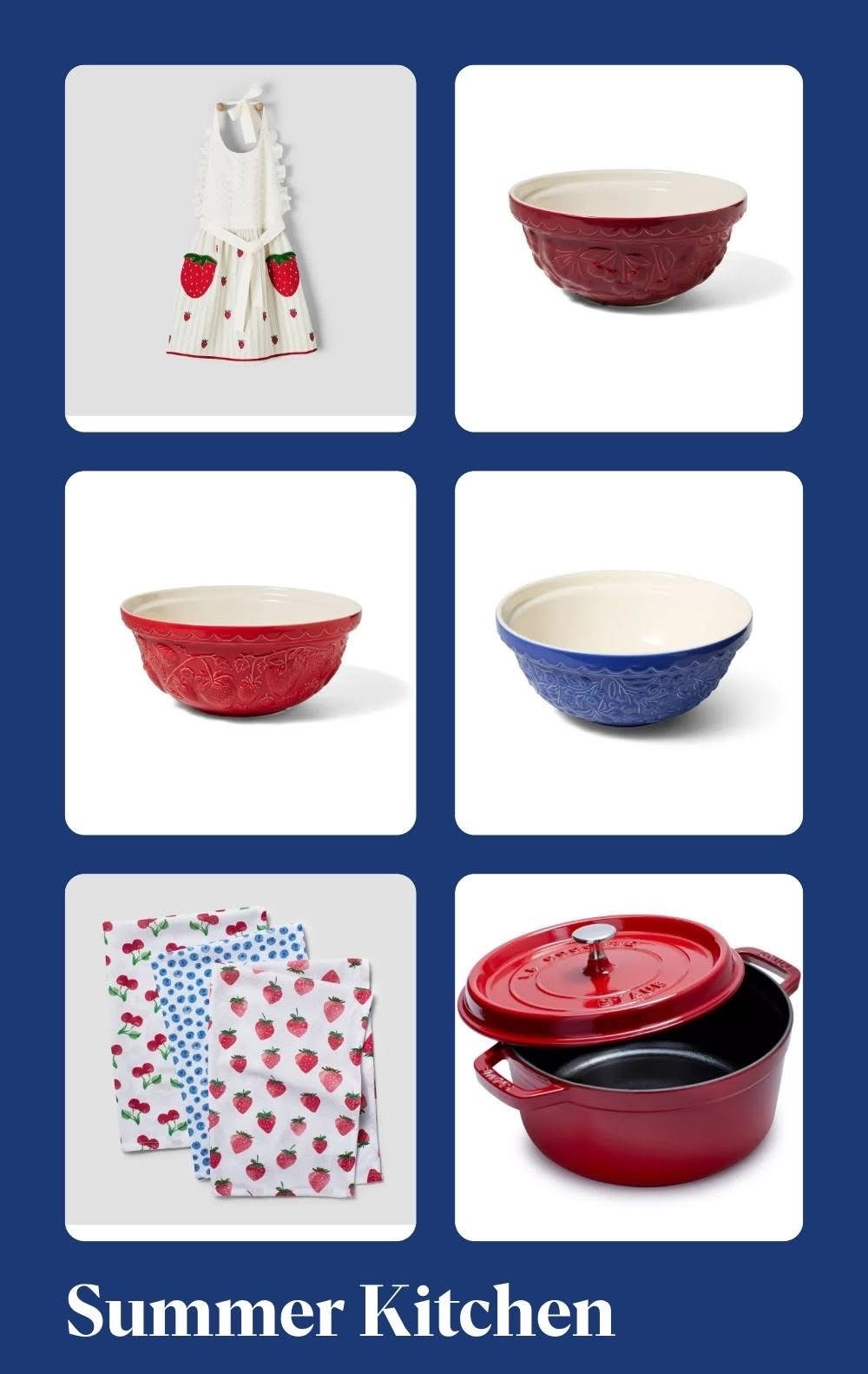 The cutest summer kitchen finds! These berry bowls are a must for hosting summer parties 🎉 Think baking cherry pies, serving fruit salads or displaying red, white and blue! 
#4thofjuly #summerentertaining #cooking #baking #summerdecor #kitchenfinds