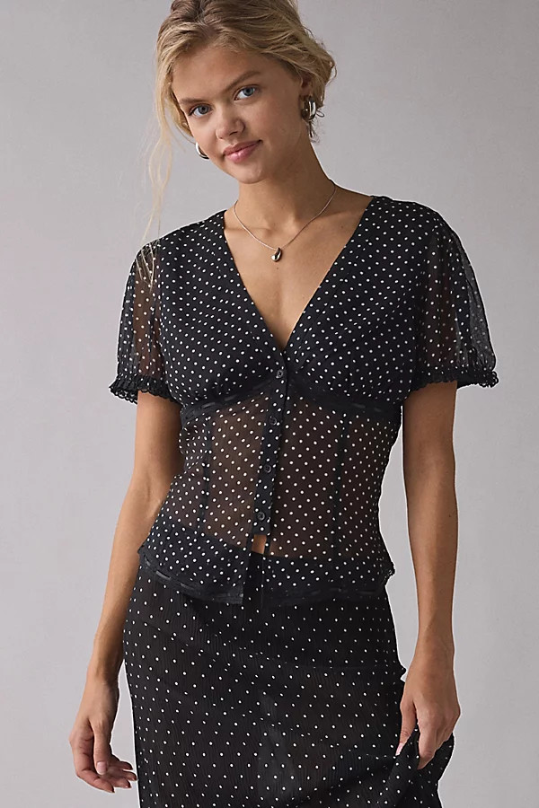 UO Mitchelle Semi-Sheer Polka Dot Chiffon Puff Sleeve Blouse | Urban Outfitters (US and RoW)