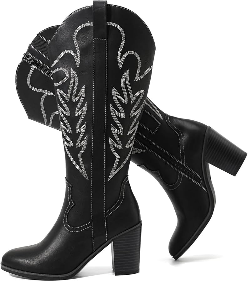 Luoika Women's Extra Wide Calf Cowboy Knee High Boots，Wide Width Cowgirl Boots Chunky Pump Heel... | Amazon (US)