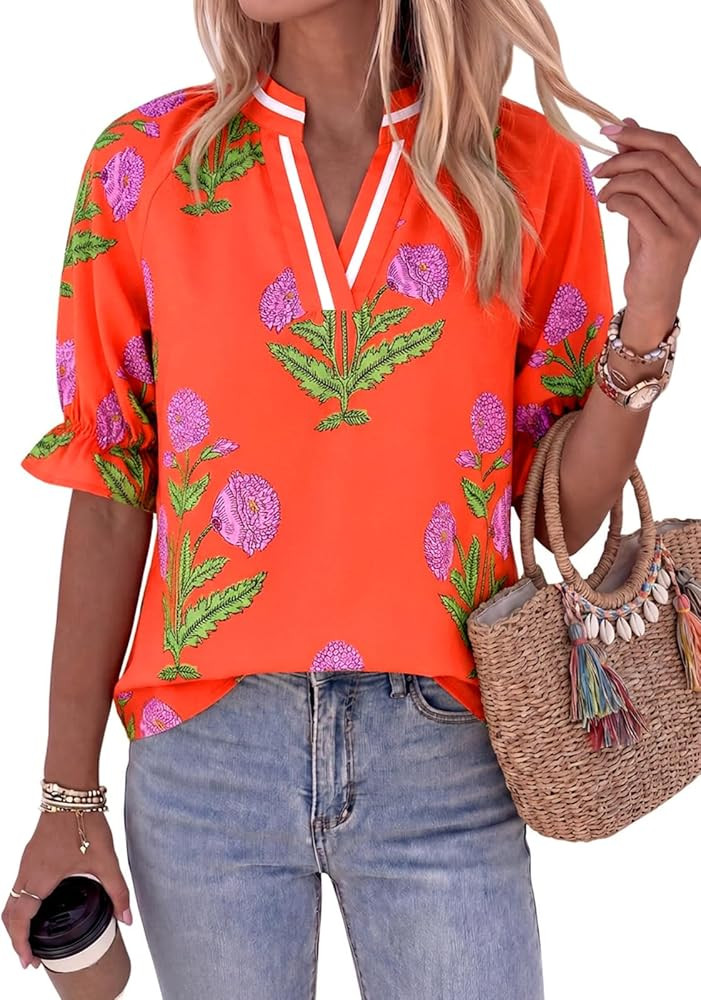 Cicy Bell Womens Summer Floral Blouses Puff Ruffle Sleeve V Neck Boho Shirts Dressy Casual Flowy ... | Amazon (US)