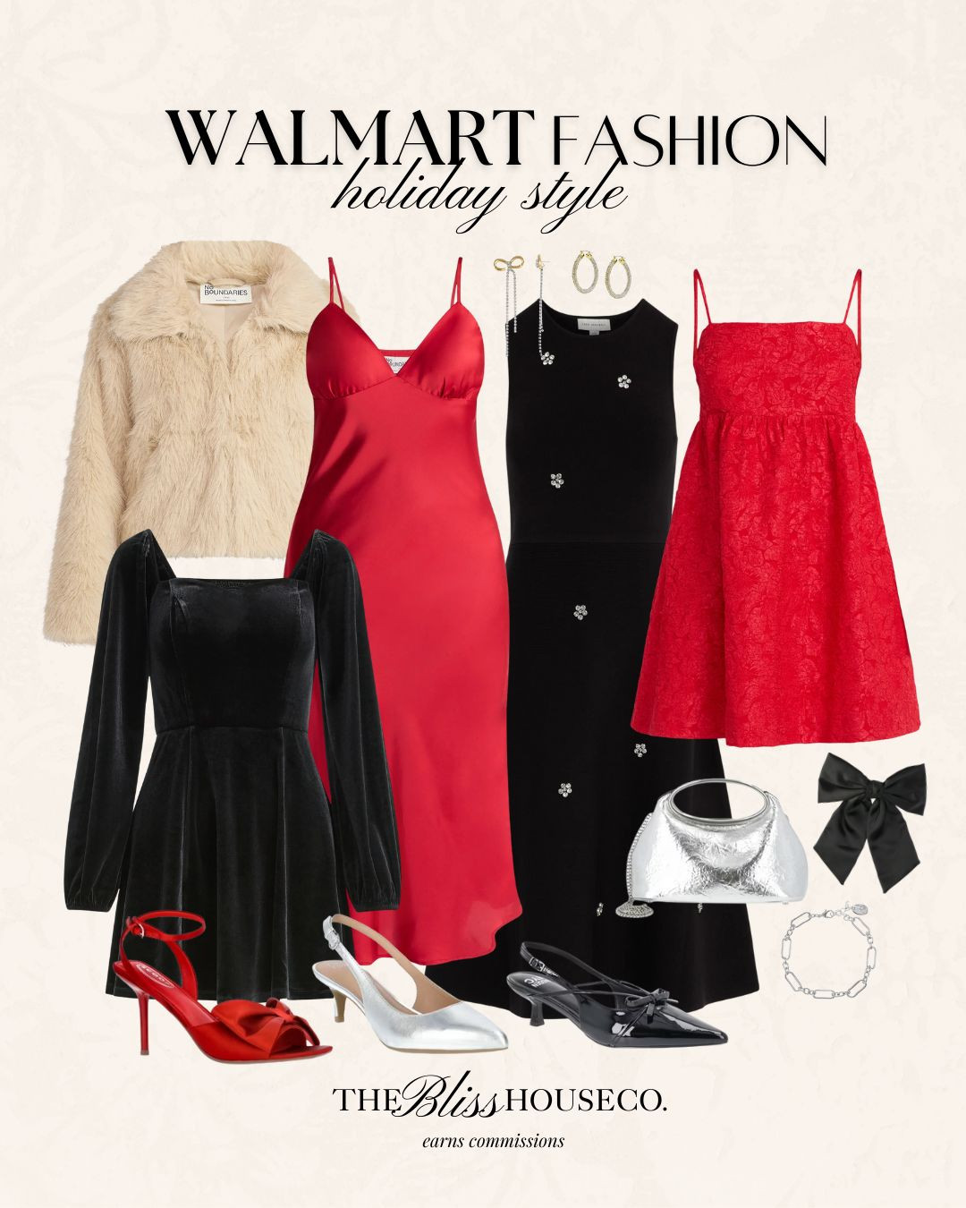 Holiday style from Walmart ✨ Christmas outfit, New Years, NYE, holiday event, work party, dinner outfit, elevated holiday dresses, style inspo, silver, red, black, bow heels, jewelry, accessories, affordable women's clothing.  

 #LTKHoliday #LTKSeasonal #LTKFindsUnder50