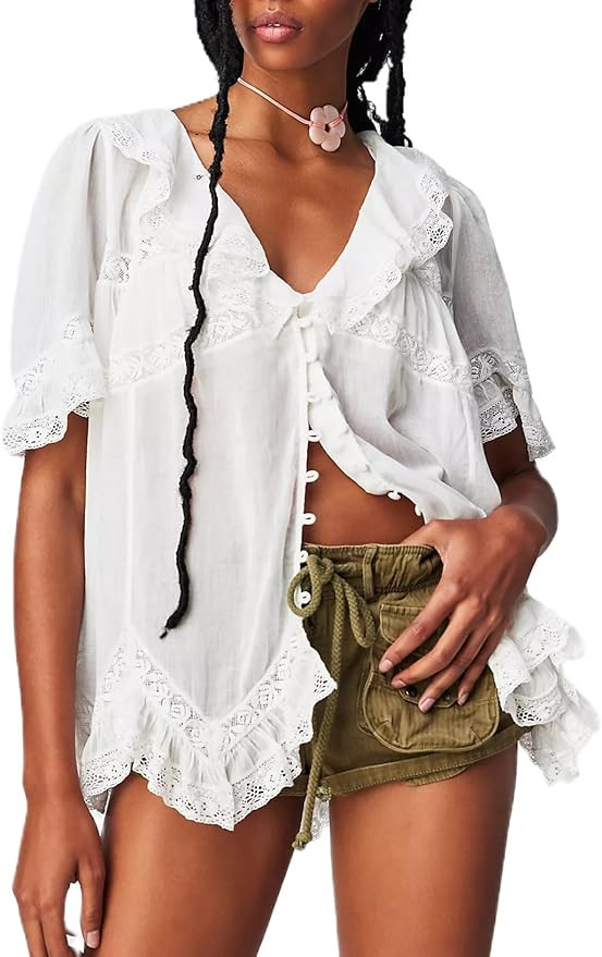 Women’s Tie Front Ruffle Boho Tops Flowy Sheer Short Sleeve Lace Blouse Y2k Embroidered Babydol... | Amazon (US)