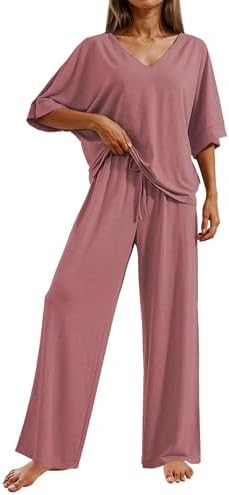 Ekouaer Pajama Sets for Women 2 Piece Lounge Set Short Sleeve Tops and Long Pants Soft Comfy Pjs ... | Amazon (US)