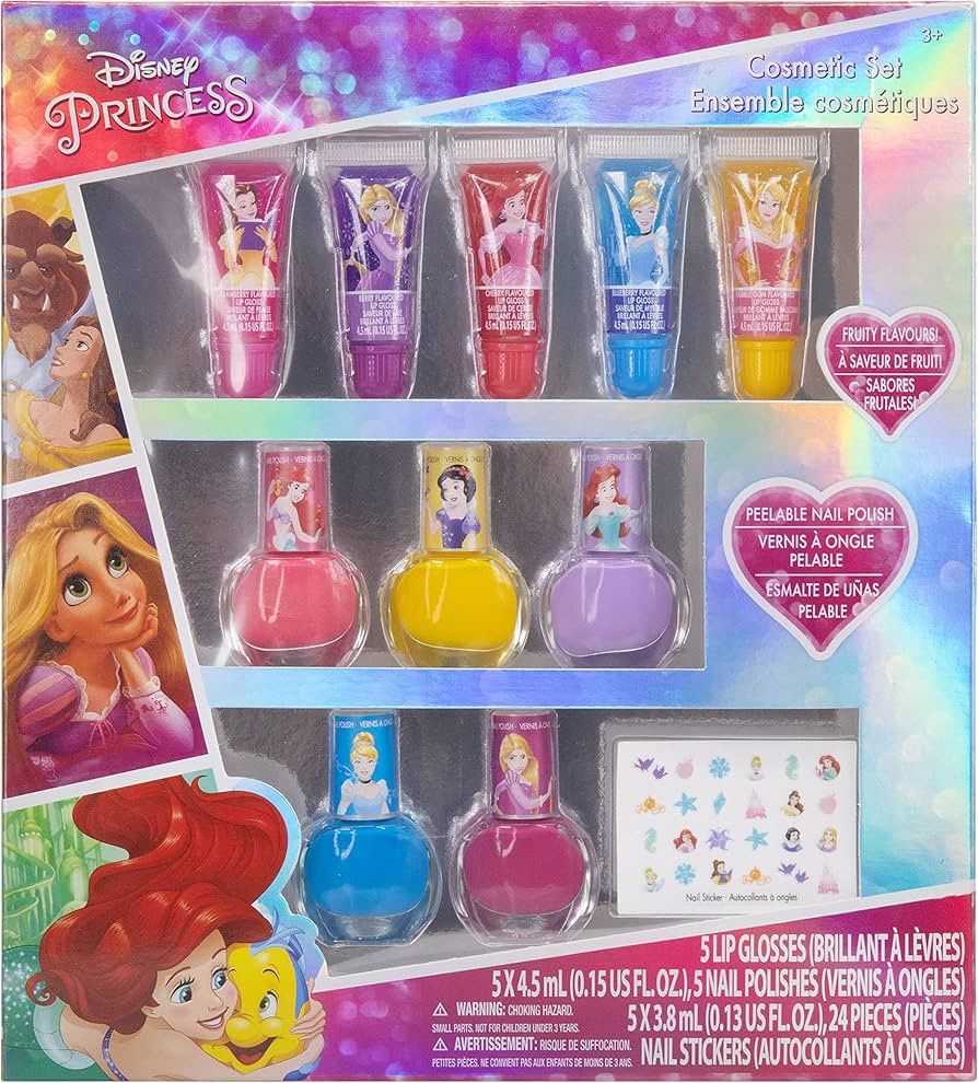 Disney Princess Sparkly Cosmetic Makeup Set for Girls with Lip Gloss Nail Polish Nail Stickers - ... | Amazon (US)