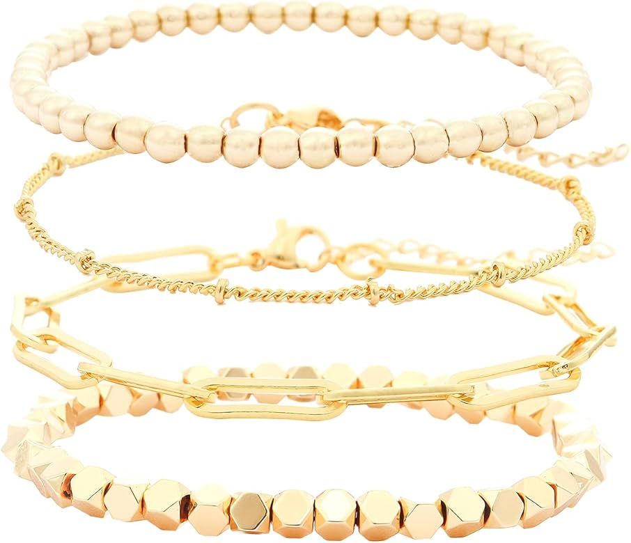 Colorful Beaded Bracelet for Women Heishi Bracelet Set Assorted Gold Bead Stackable Stretch Strand B | Amazon (US)