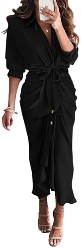 BTFBM Summer Dresses for Women 2025 Long Sleeve Lapel V Neck Button Down Elegant Belted Ruched Sa... | Amazon (US)