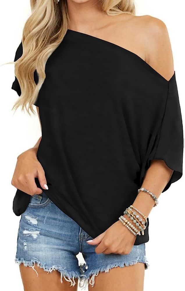 INFITTY Women's Off Shoulder Tops Short Sleeve Casual Loose Batwing Shirts Oversized Blouse Tunic | Amazon (US)