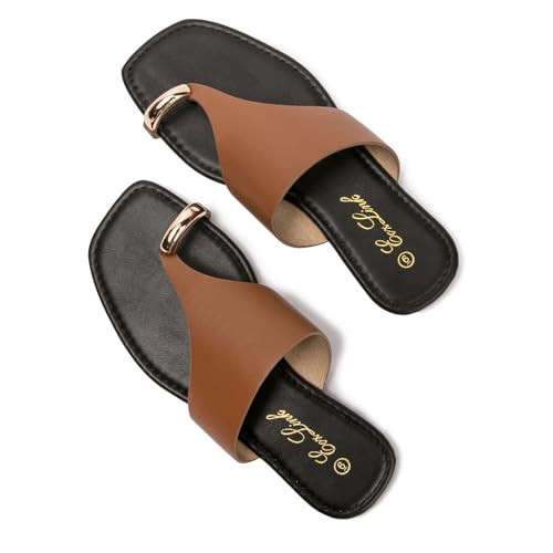 Eozlink Women’s Toe Ring Flat Slide Sandals – Slip-On Open Toe Thong Flip Flops, Casual Summer Beach Sandals (Brown, US 07) | Amazon (US)