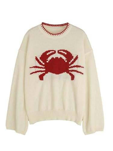 SHENHE Women's Oversized Sweater Y2K Graphic Crab Print Crew Neck Knit Sweater Pullover Apricot S... | Amazon (US)