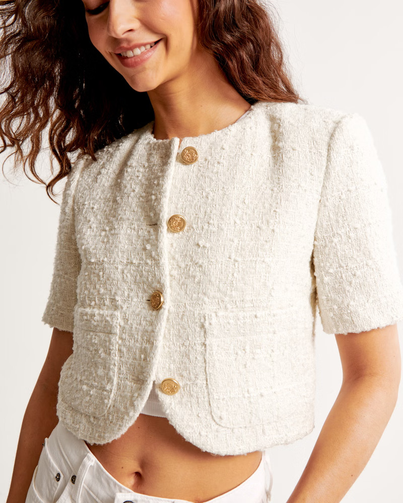 Women's Short-Sleeve Collarless Tweed Jacket | Women's Coats & Jackets | Abercrombie.com | Abercrombie & Fitch (US)