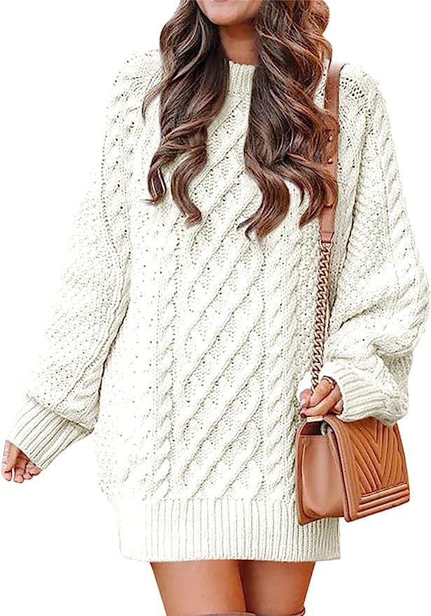 ANRABESS Women Crewneck Long Sleeve Oversized Cable Knit Chunky Pullover Short Sweater Dresses at... | Amazon (US)