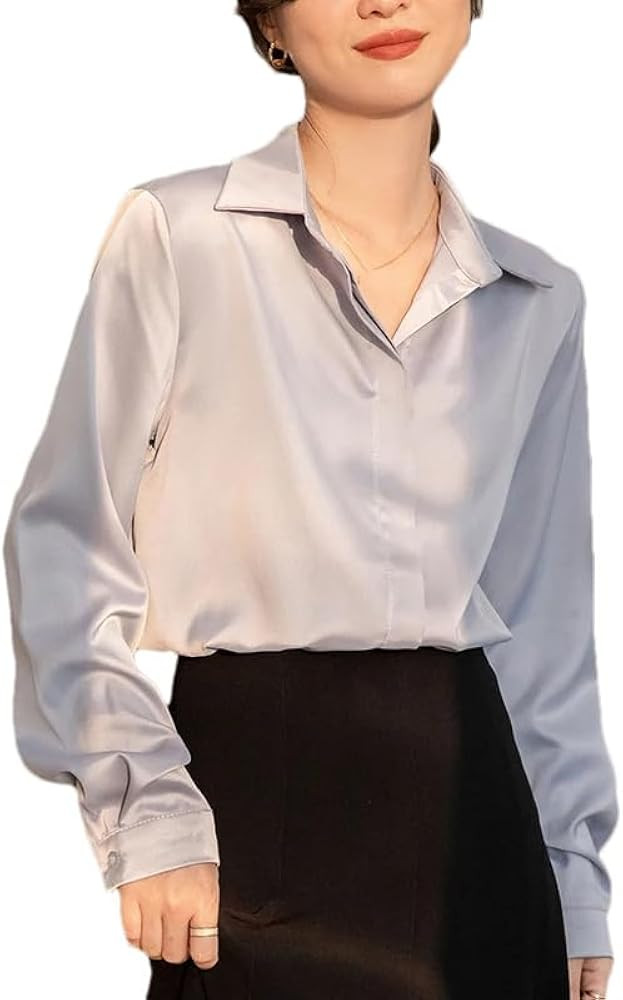 Women Hide Single Breasted Solid Color Satin Shirt Long Sleeve Turn Down Collar Office Blouses | Amazon (US)