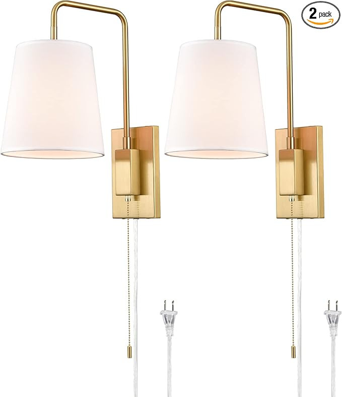 Wall Sconces Set of Two, Gold Fabric Shade Wall Sconce Bedroom Plug-in Wall Lamp Set of 2 | Amazon (US)