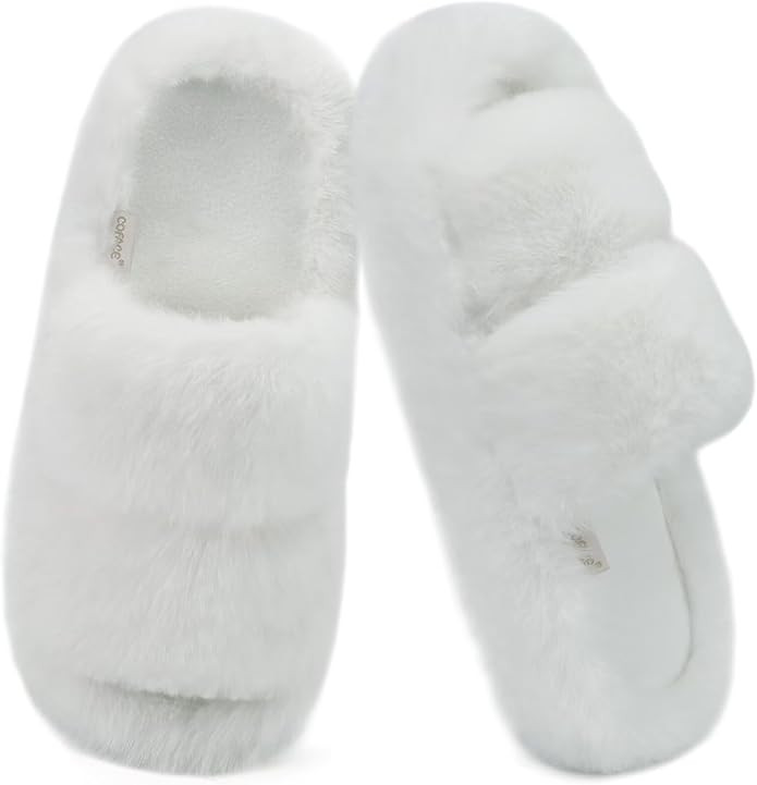 COFACE Women's Fuzzy Slippers Memory Foam Open Toe Slip On House Shoes Size 5-11 | Amazon (US)