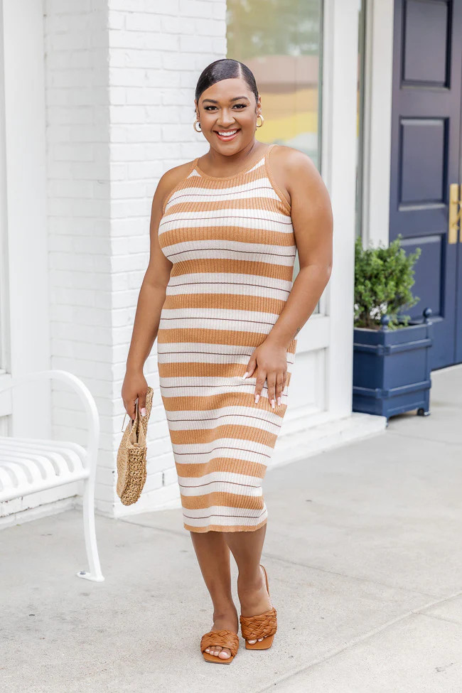 Trip Around The Sun Camel Striped Midi Sweater Dress | Pink Lily
