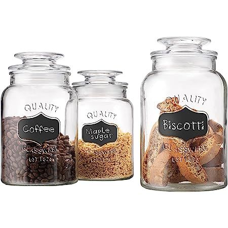 3pc Canister Sets for Kitchen Counter + Labels & Marker - Glass Cookie Jars with Airtight Lids - Foo | Amazon (US)