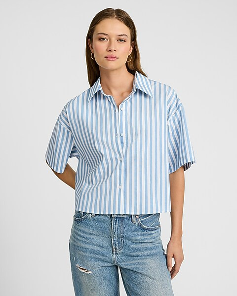 Striped Short Sleeve Cropped Boyfriend Portofino Shirt | Express