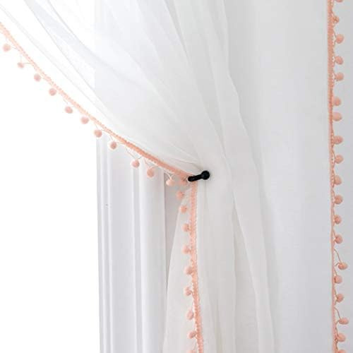 MISS SELECTEX Linen Look Pom Pom Tasseled Sheer Curtains - Rod Pocket Voile Semi-Sheer Curtains f... | Amazon (US)