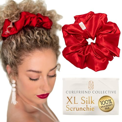 Silk Scrunchies Ponytail Holders – Oversized Mulberry Silk Scrunchies – Extra Large No Damage Hair Ties for Curly, Thick, and Thin - Hair Accessories for Women – Poppy Razzi Red, XL By Curlfriend | Amazon (US)