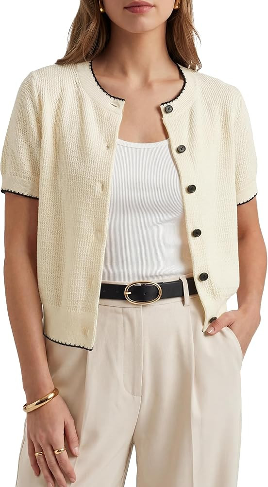 Arach&Cloz Women's 100% Cotton Regular Fit Cropped Cardigan Contrast Trim Button Front Work Tops ... | Amazon (US)