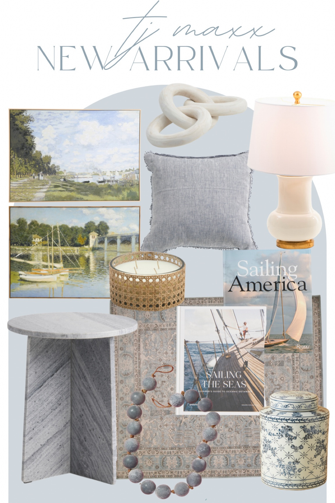 Tj Maxx new arrivals, home decor, coastal decor, wall art, landscape art, coffee table books, lamp, marble table, blue rug, blue and white decor

#LTKhome