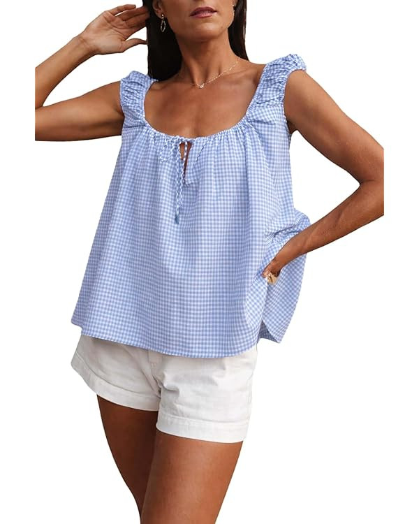 Women Tie Front Tank Tops Summer Sleeveless Square Neck Babydoll Shirts Casual Flowy Pleated Ruff... | Amazon (US)