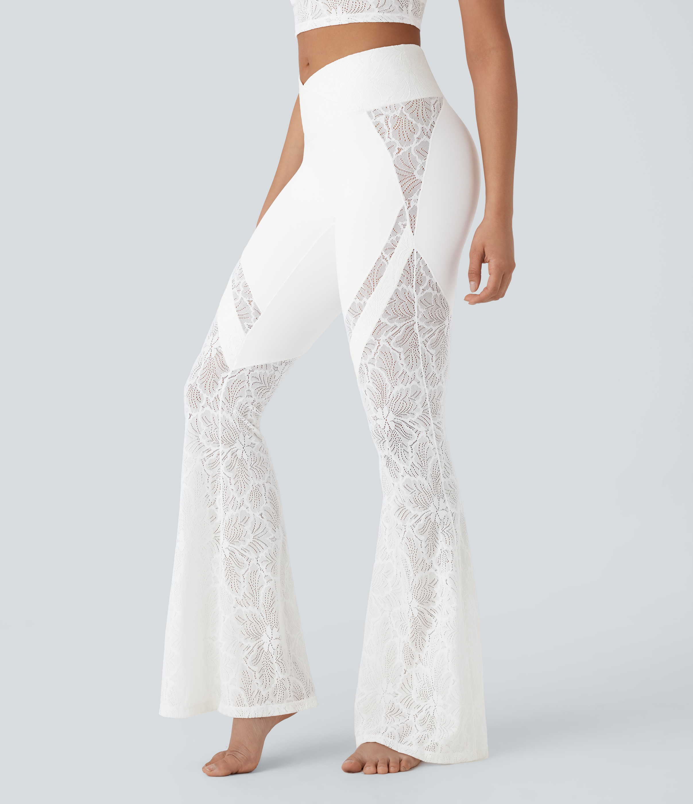 Halara SoftlyZero™ High Waisted Crossover Pocket Contrast Lace Flare Yoga Leggings - White - M(petite) gym leggings leggings with pockets | HALARA