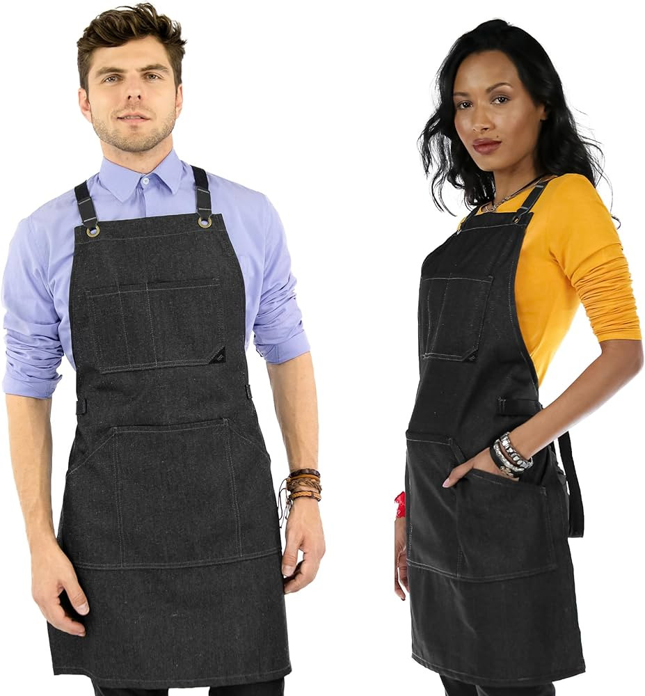 Amazon.com: Under NY Sky Essential Black Denim Apron – Cross-Back with Leather Reinforcement ... | Amazon (US)