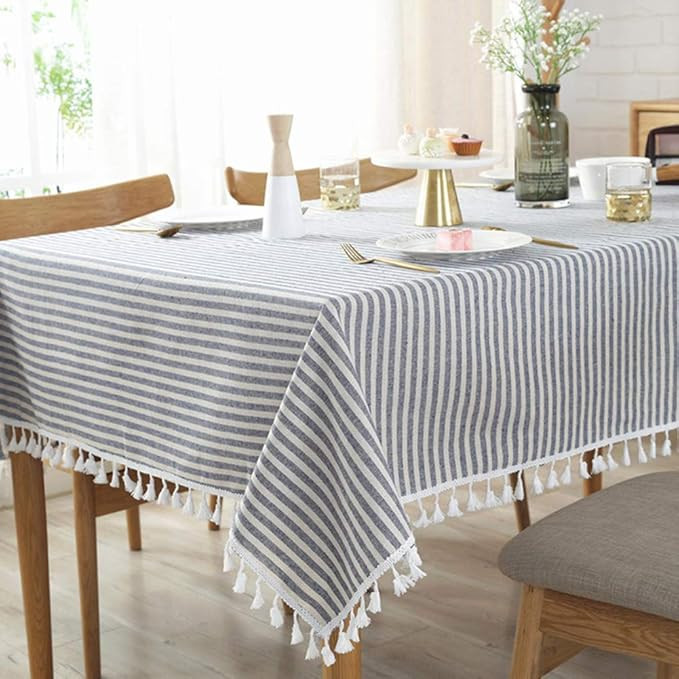 AMZALI Stripe Tassel Tablecloth Cotton Linen Resistant/Dust-Proof Waterproof Table Cover for Kitc... | Amazon (US)
