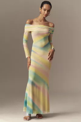 AFRM Long-Sleeve Off-The-Shoulder Mesh Maxi Dress | Anthropologie (US)