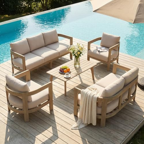 SUNSITT 5-Piece Outdoor Patio Furniture Set, Acacia Wood Conversation Set w/ 6.7" Thick Cushions, Curved Backrest Design, Modern Outdoor Seating Set, Natural Color and Beige Cushions | Amazon (US)
