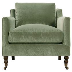 Madeline French Country Green Upholstered Brown Wood Metal Casters Arm Chair | Kathy Kuo Home