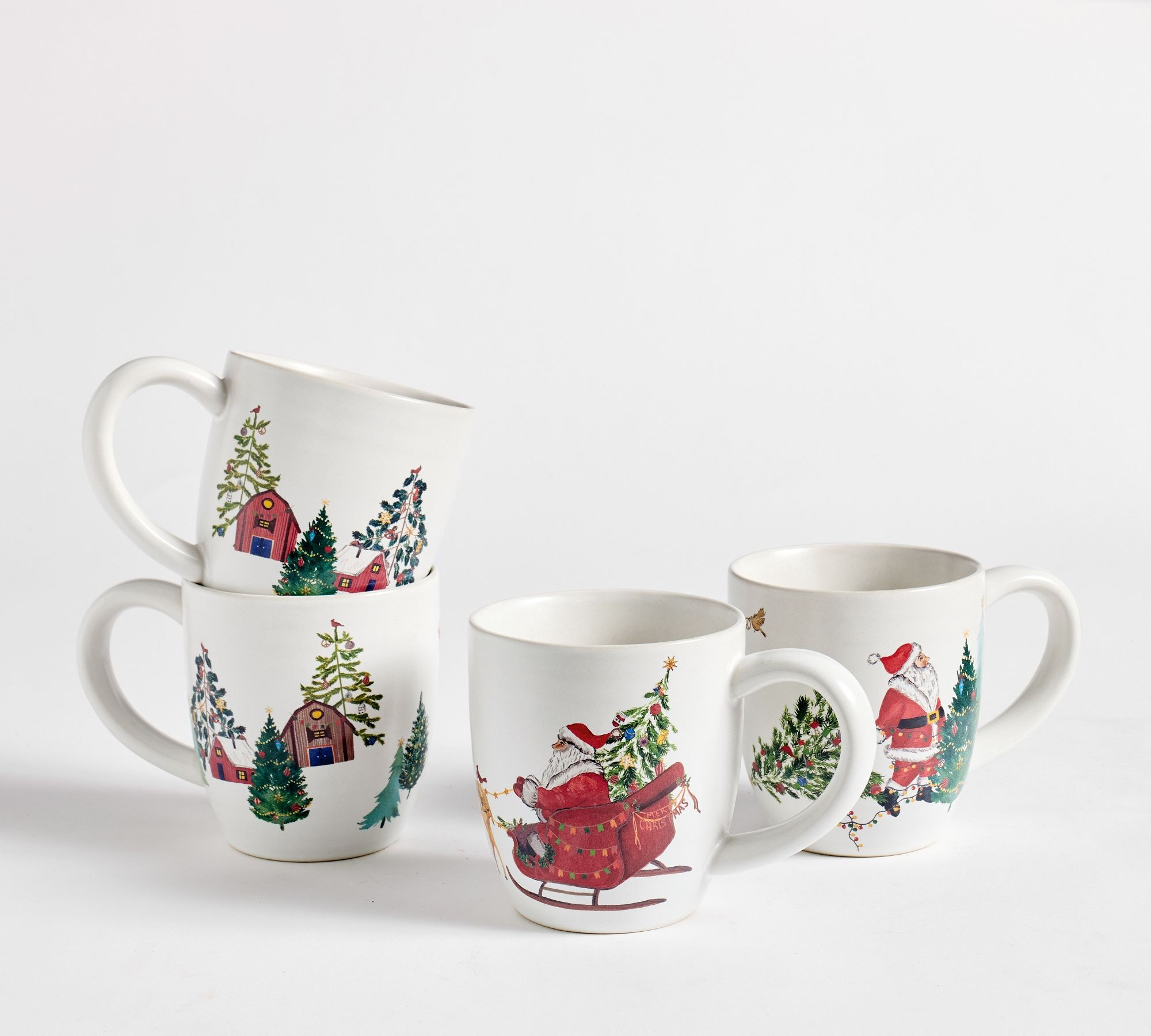 Christmas in the Country Stoneware Mugs, Set of 4 - Green/Red | Pottery Barn (US)