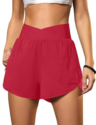 Blooming Jelly Women's Workout Shorts Athletic Running Elastic High Waisted Black Gym Yoga Shorts with Zipper Pockets (Red,Medium) | Amazon (US)