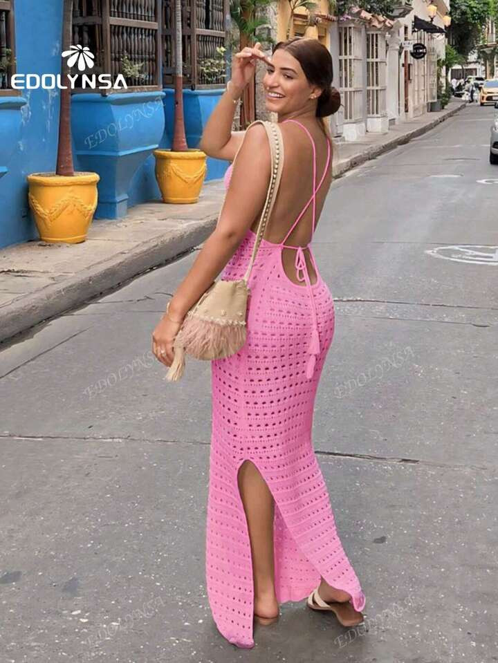 Sexy Knitted Backless Long Dress Cover Up For Women Beach Dress Side Split Hollow Out Dress Summe... | SHEIN