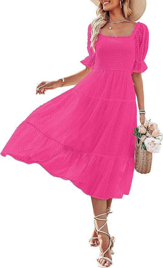 MEROKEETY Women's 2025 Summer Square Neck Puff Sleeve Boho Midi Dress Swiss Dot Ruffle Flowy Tie ... | Amazon (US)