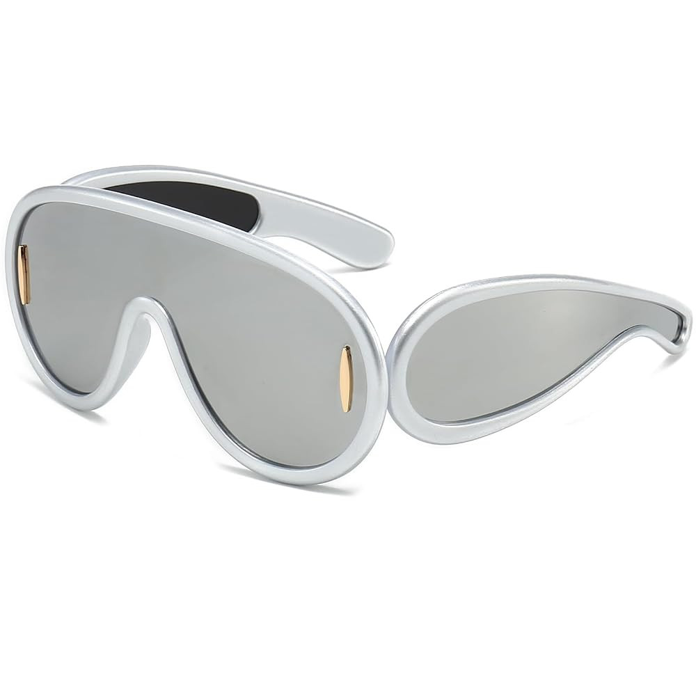 Fashion Wave Mask Sunglasses for Women Men Oversized Silver Mirrored Futuristic Shield Sun Glasse... | Amazon (US)