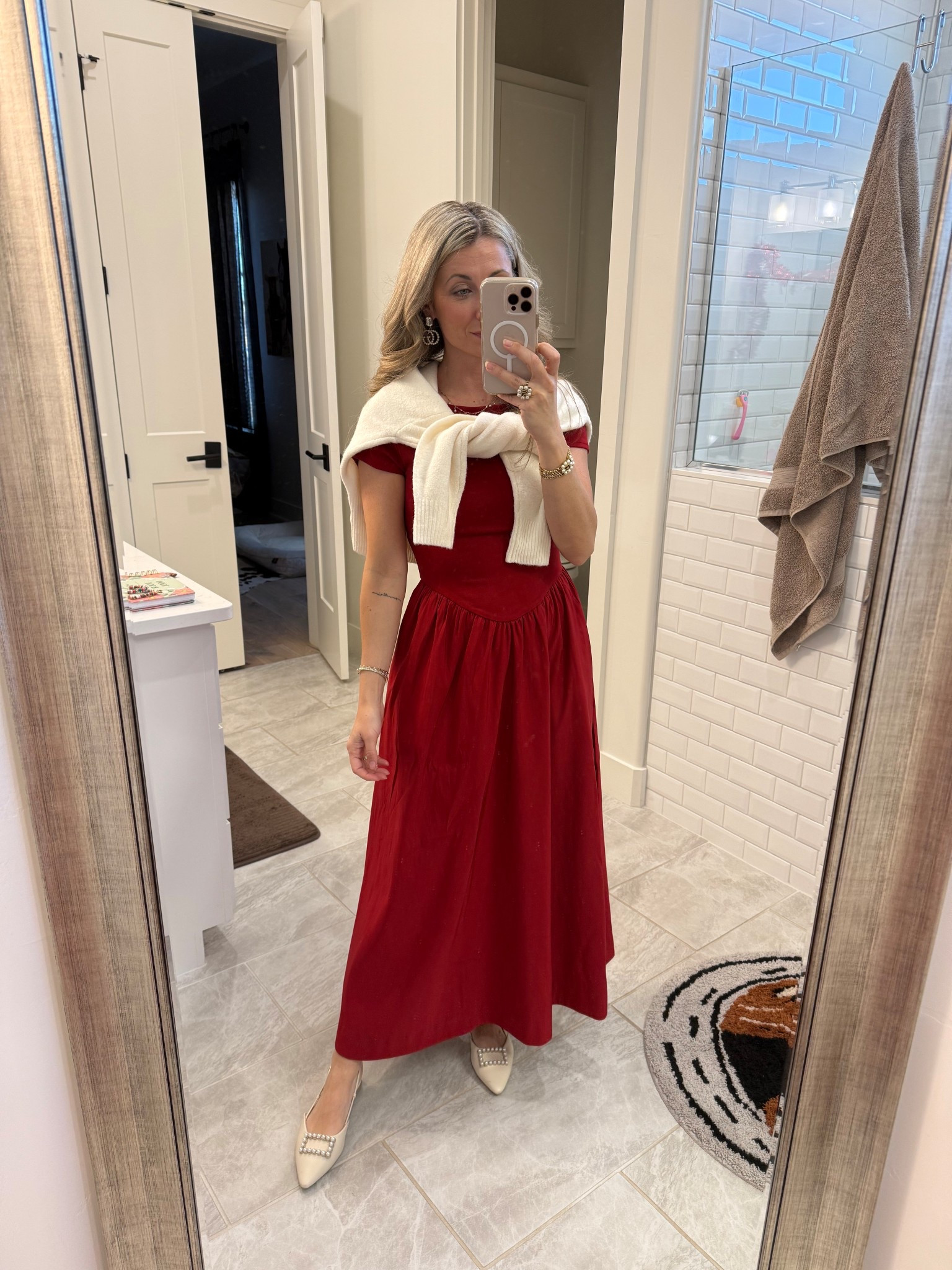 Merry Christmas Eve!🎄♥️ This red A New Day dress from Target is so beautiful and absolutely so classic! It’s low cut in the back and also has pockets! It fits all the boxes for Christmas! Wearing an XS! Ivory sweater is also Target! 

#LTKPetite #LTKHoliday #LTKOver40