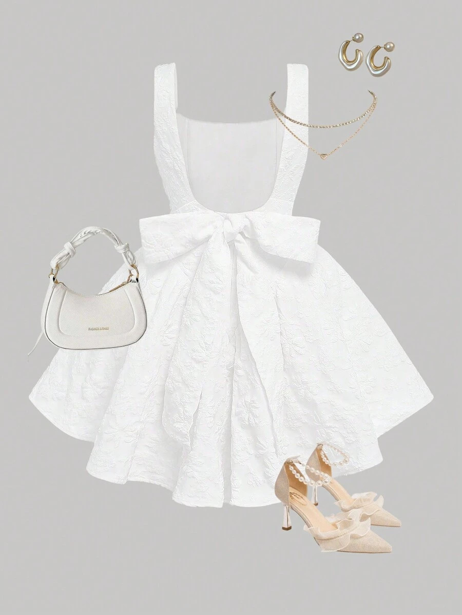 SHEIN Teen Girl Woven Solid Color Jacquard Open Back Detachable Bow Elegant Dress | SHEIN