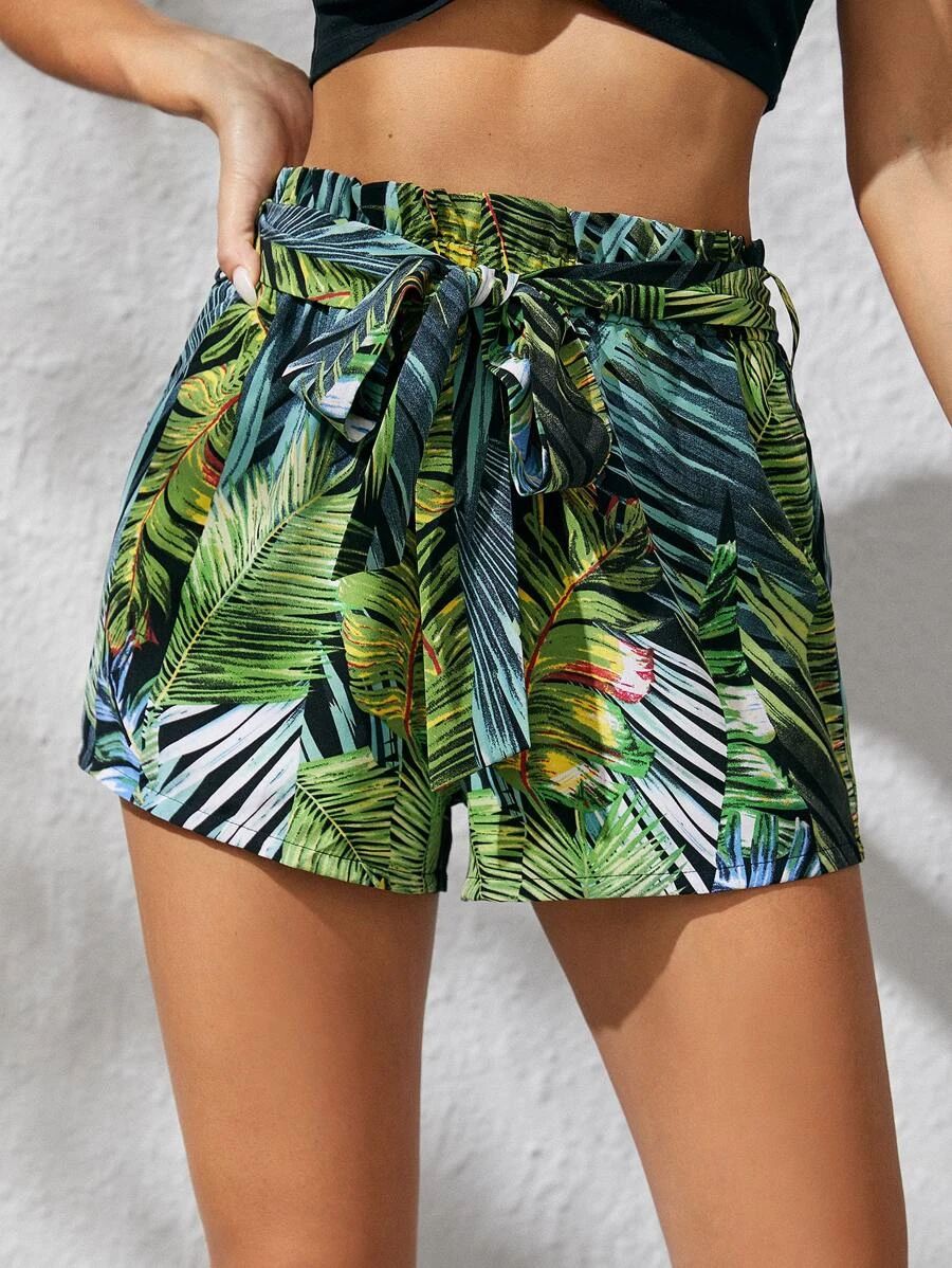 SHEIN Paperbag Waist Tropical Print Shorts | SHEIN