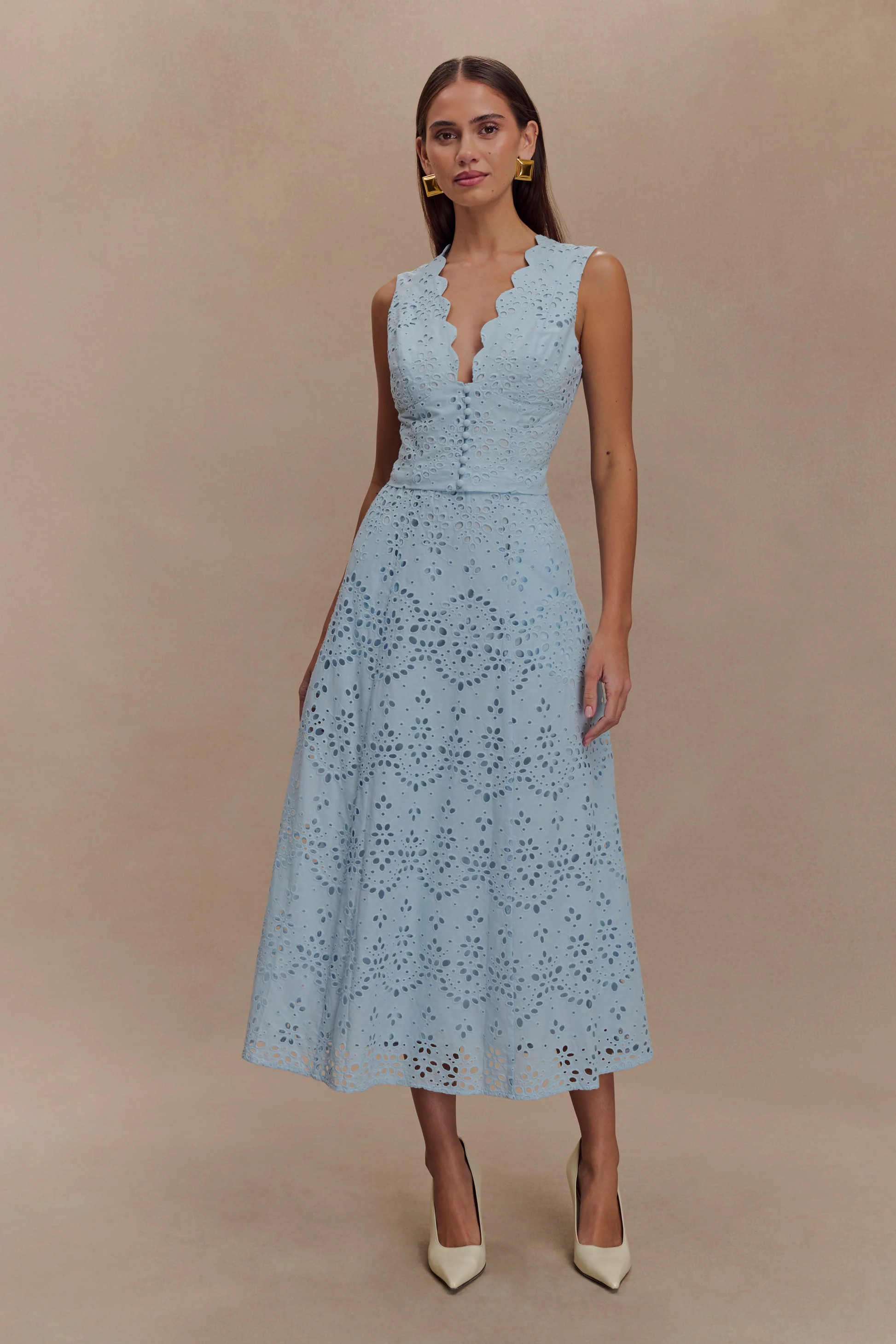 Arla Broderie Midi Skirt - Pale Cornflower Blue | MESHKI US