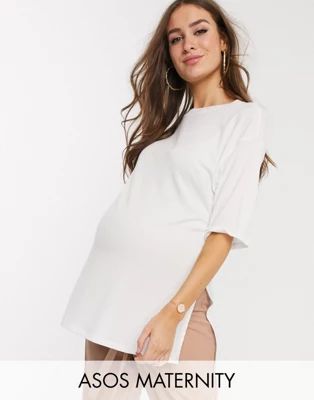 ASOS DESIGN Maternity relaxed longline t-shirt in rib with side splits in white | ASOS US