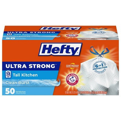 Hefty Ultra Strong Tall Kitchen Drawstring Trash Bags - Clean Burst Scent - 13gal - 50ct: Flexible Polyethylene, Odor Control | Target