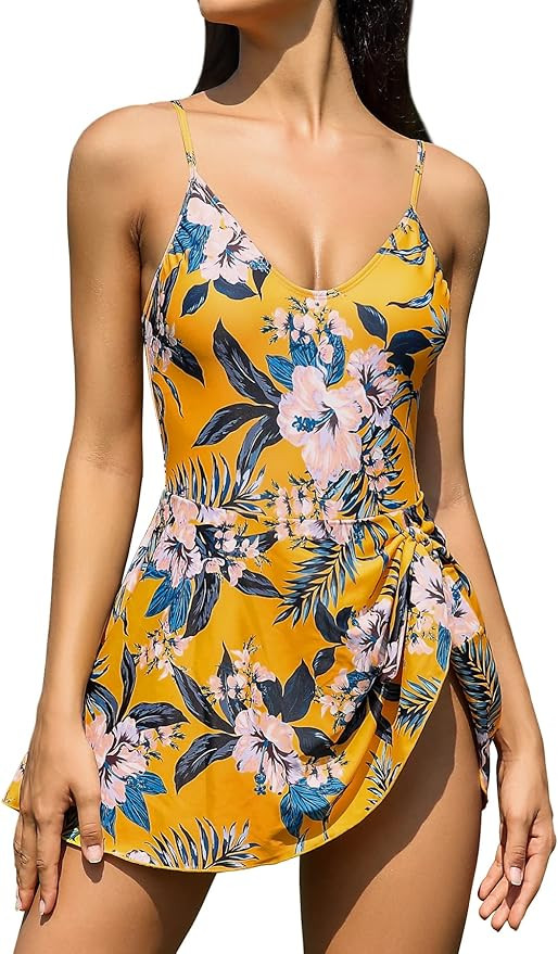 SHEKINI Women's Tummy Control One Piece Swimdress Drawstring Bathing Suits V Neck Swimwear | Amazon (US)