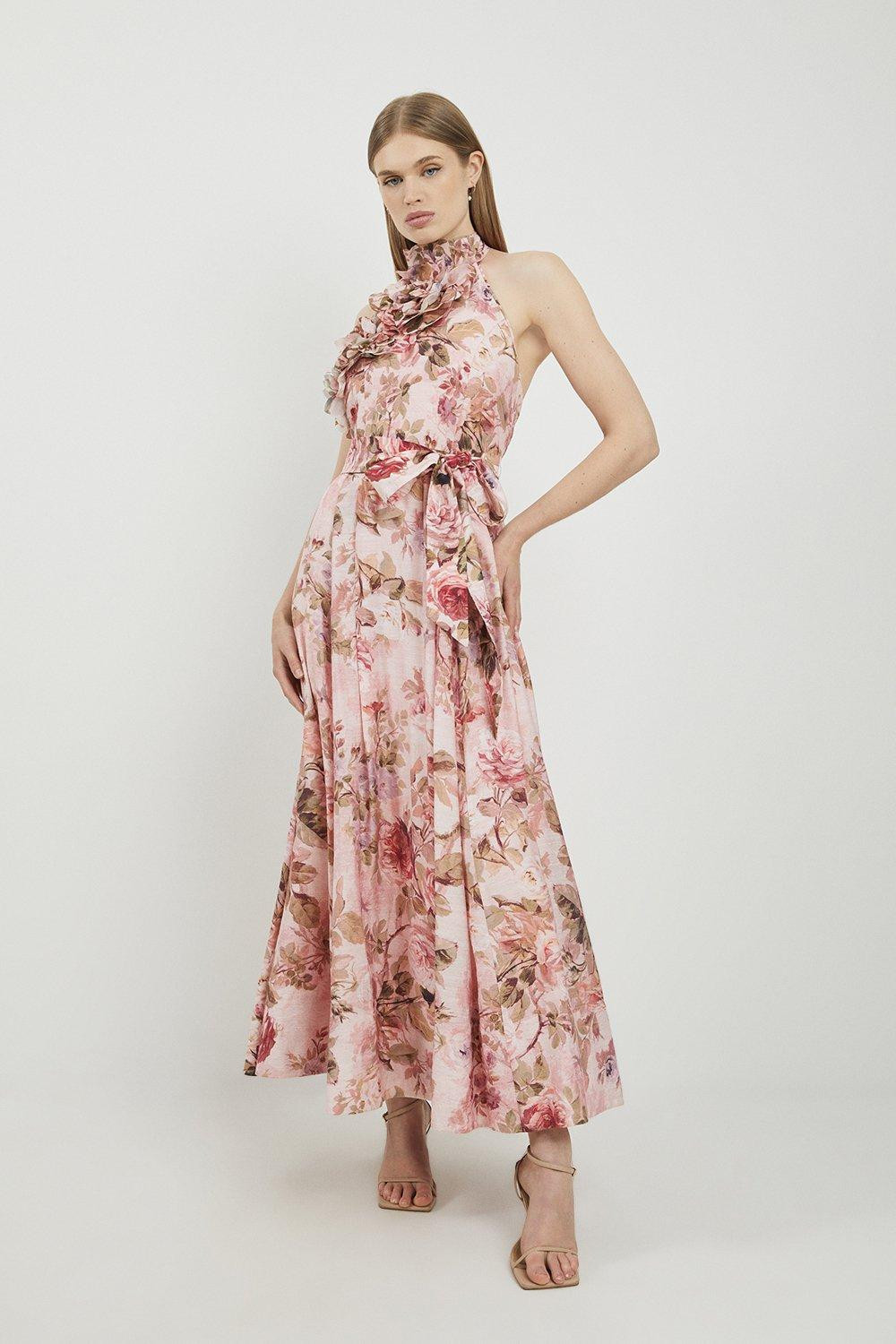 Lydia Millen Petite Rosette Ruffle Woven Midi Halter | Karen Millen UK + IE + DE + NL