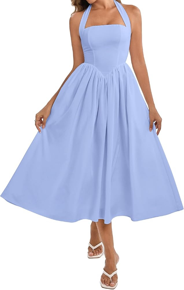 Parthea Women's Summer Halter Corset Midi Dress 2025 Elegant Smocked Flowy Wedding Guest Dresses ... | Amazon (US)