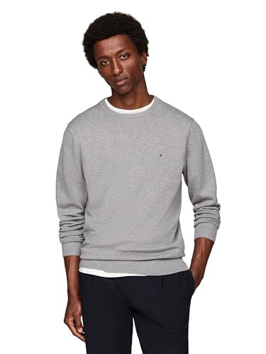Tommy Hilfiger Men's Cotton Solid Crew Neck Sweater Medium Grey Heather | Amazon (US)